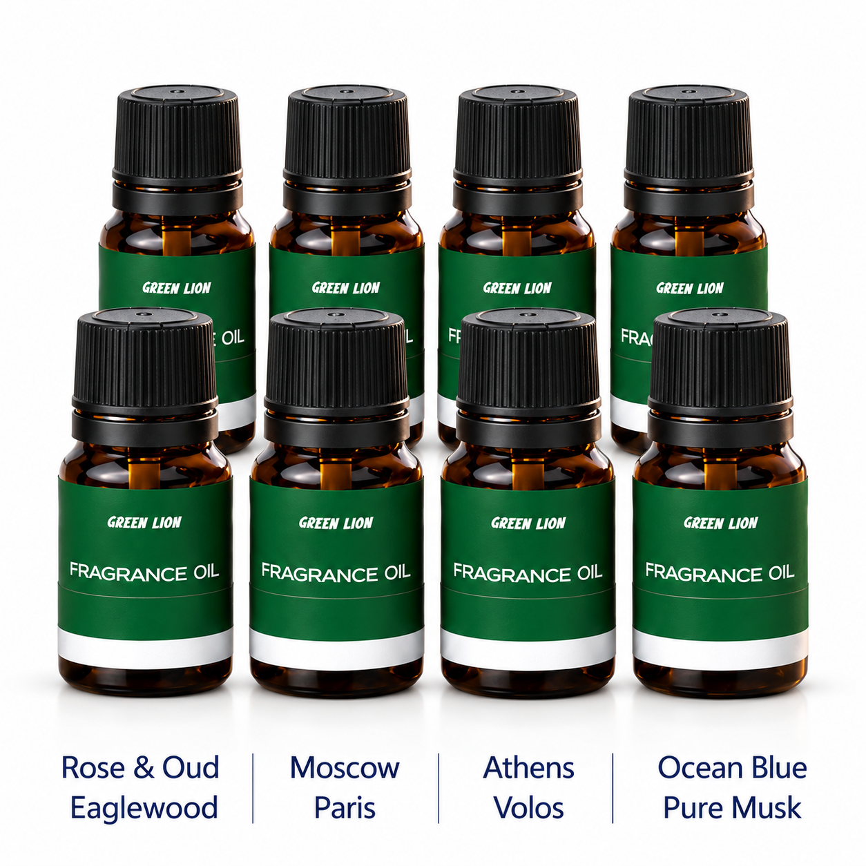 Green Lion 8 Fragrance Oil Set – Main Image مجموعة جرين ليون من ثماني عبوات زيوت عطرية مع أسماء الروائح على خلفية بيضاء